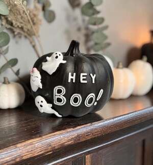 Candy Corn Lane Black and White Resin Halloween Pumpkin with Ghosts, 8 Inch